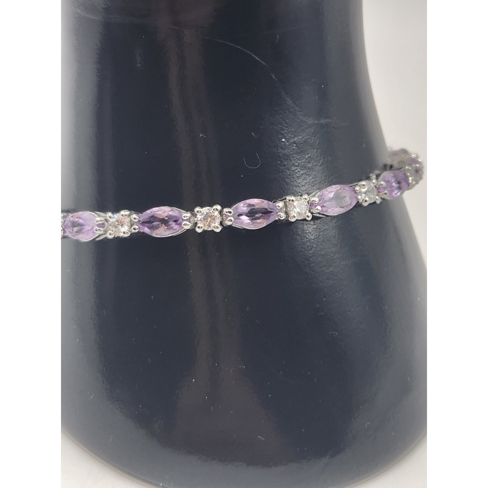 HMI 925 Sterling Silver Amethyst Cubic Zirconia Marquise Tennis Bracelet 7.25" - Picture 2 of 7